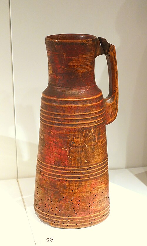 16th-century wooden ale flagon, traditionally used for serving and drinking ale in Northern Europe.