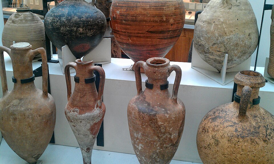 Ancient Greek amphorae used for storing and transporting wine and olive oil.