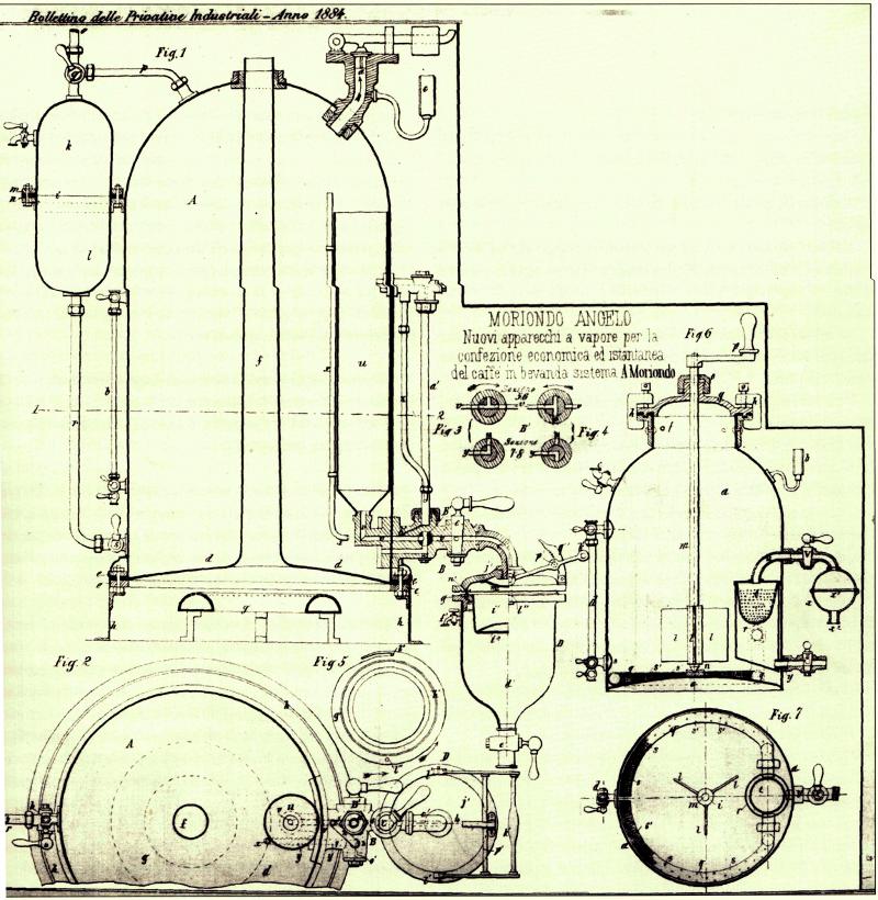 Angelo Moriondo's 1884 patent drawing for an early steam-powered coffee machine