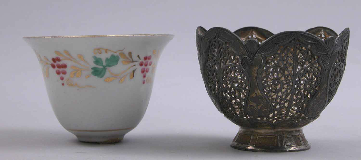 Ottoman coffee cup (fincan) with a silver zarf, 19th century, Turkey. The Metropolitan Museum of Art.