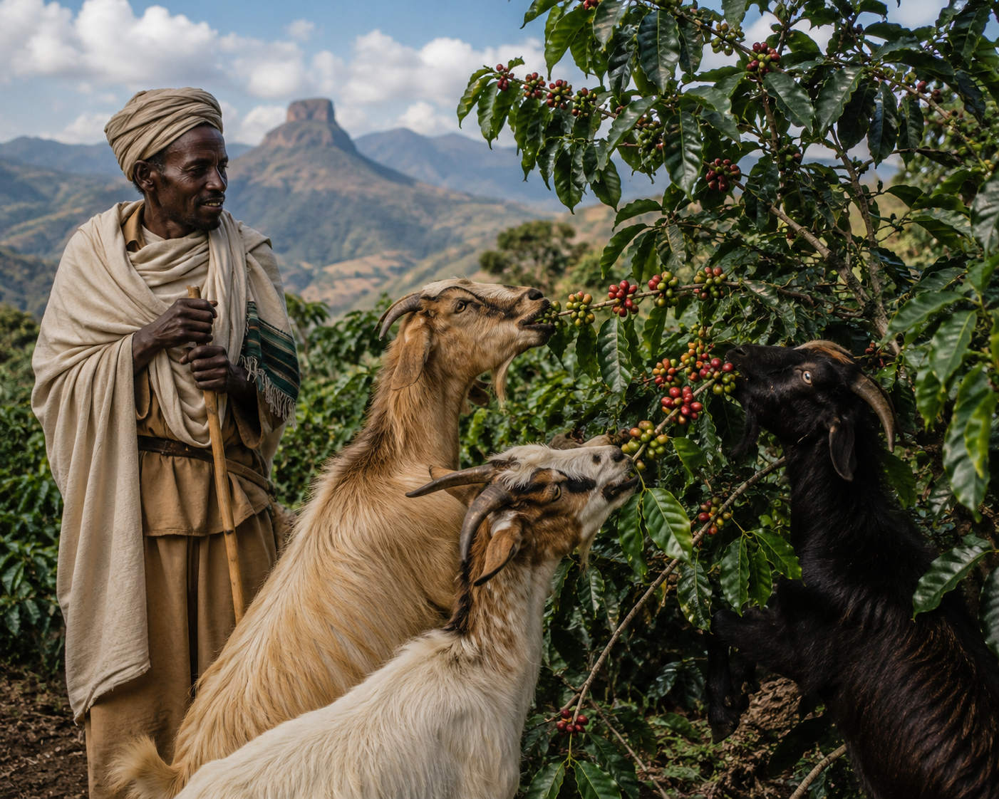 Ethiopian shepherd with goats eating coffee berries from a coffee plant in Ethiopia