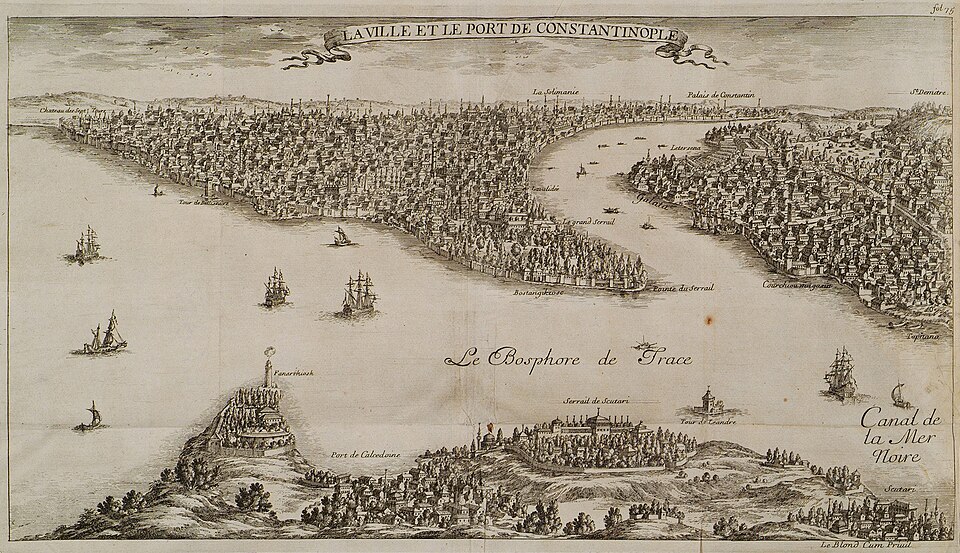 The city and port of Constantinople, 1680. Illustration by Guillaume-Joseph Grelot.