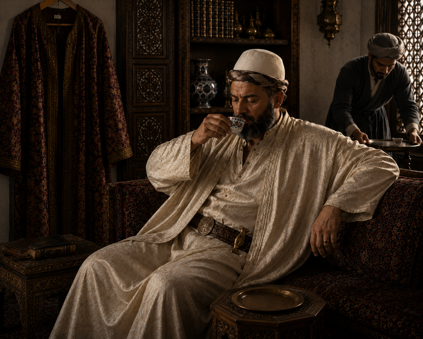 Visier are drinking coffee inside a Vizier's private chamber